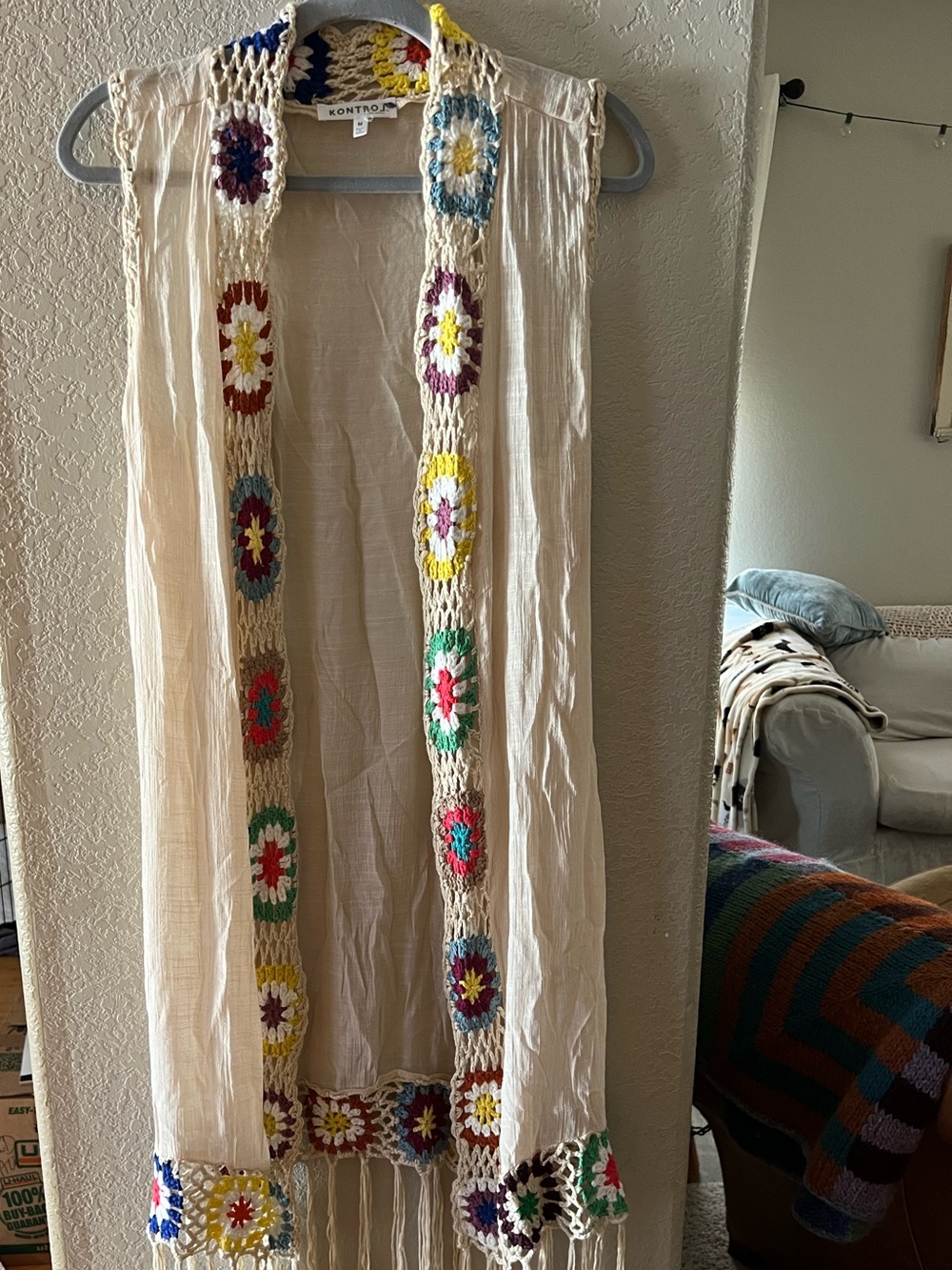 KONPLOOT Cream Crochet-Trim Open Vest with Multicolor Accents